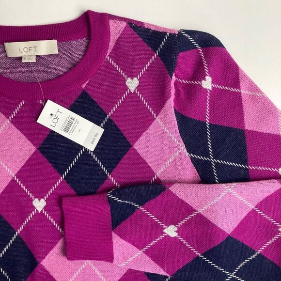 LOFT Argyle Sweater Puff Sleeve Heart Detail 100% Cotton Pullover Purple Pink M - Picture 7 of 9